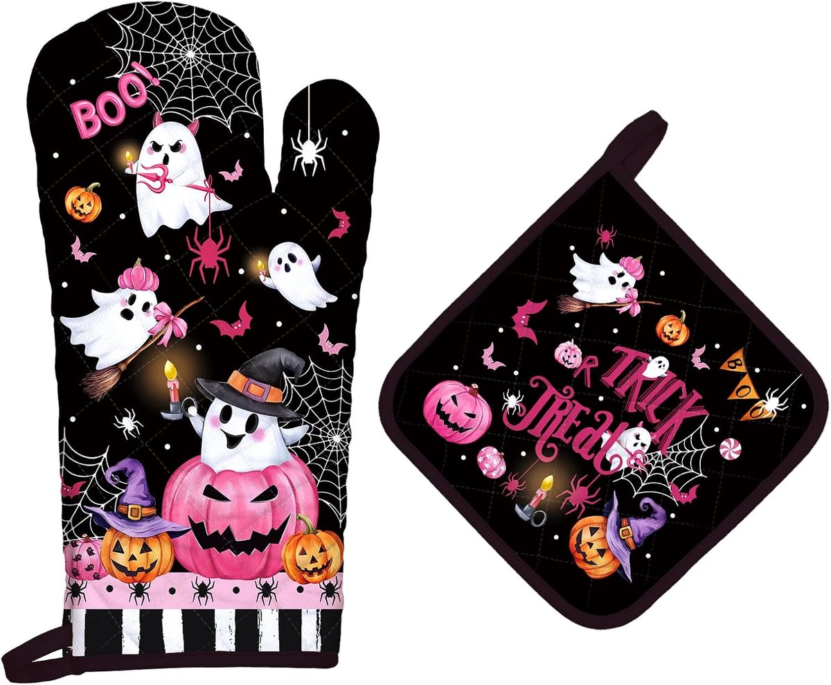 SnelShoppen - Halloween Boo Roze Pompoen Ovenwant en Potholders Set 2 Stuks, 100% Katoen Warmtebestendig, Extra Lange Ovenhandschoenen en Pothouder vo