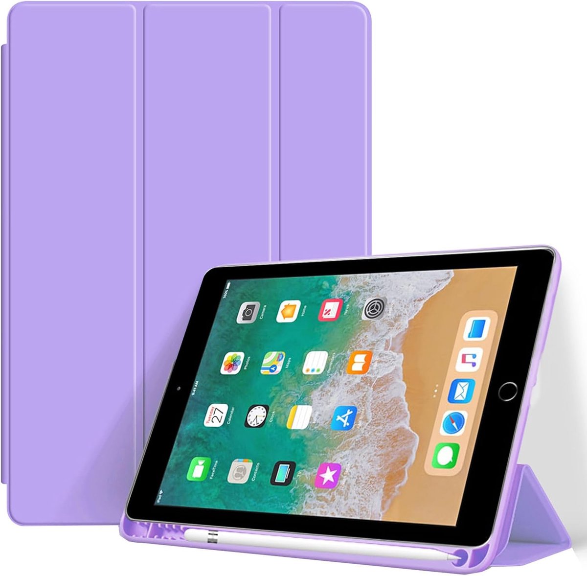 SnelShoppen - iPad 9.7 Inch Hoes met Pencil Houder - Slanke Shockproof Case met Zachte TPU Achterkant - Automatische Wake Up/Sleep - Taro Paars - 5e/6