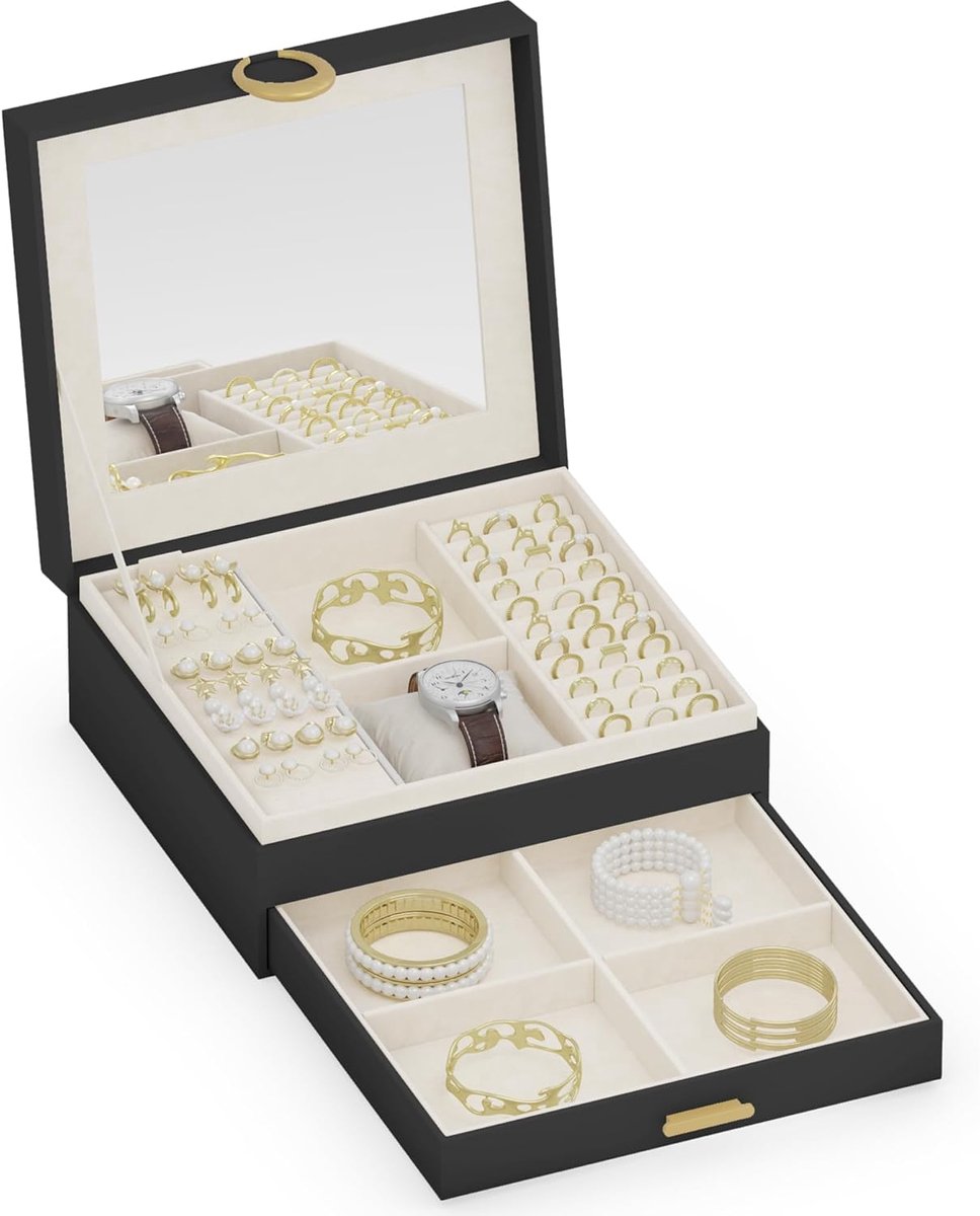 SnelShoppen - 2-Tier Sieradenbox met Uittrekbare Tray, Grote Spiegel, Organiser voor Kettingen, Ringen, Oorbellen, Zwart, Kunstleer, Luxe en Beschermi