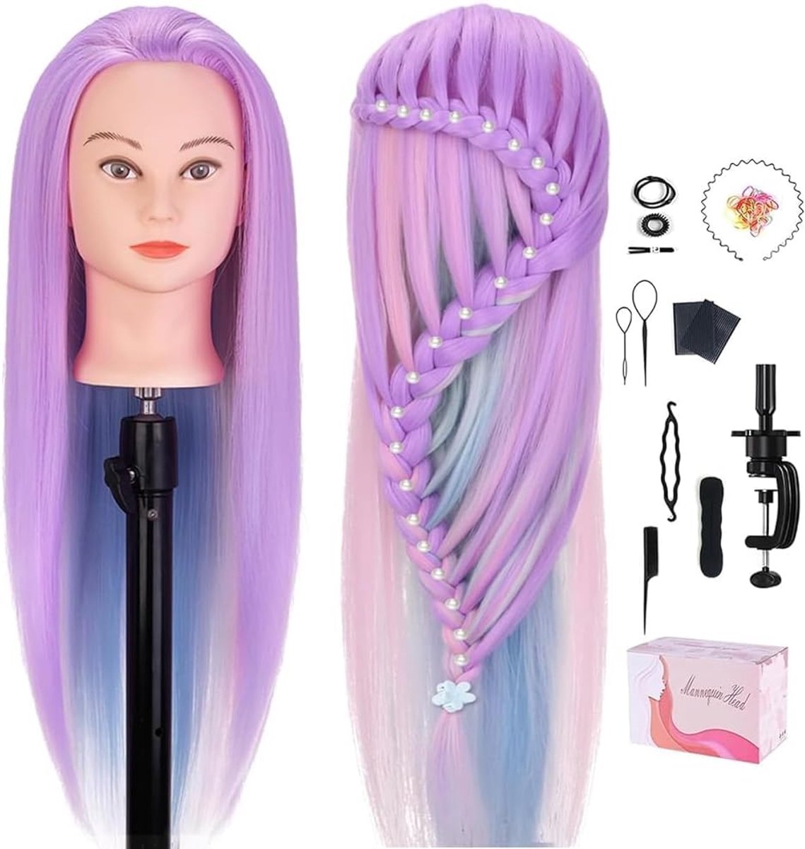 SnelShoppen - Haardresser Hoofd 75 cm Oefenhoofd Cosmetica met 100% Synthetisch Haar + Houder en Kappersgereedschap in Macaron Kleur