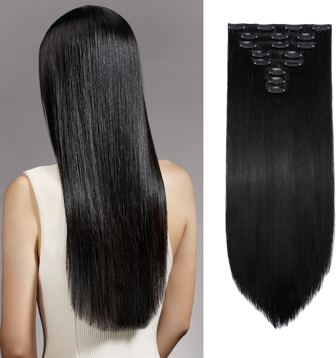 SnelShoppen - 60cm Clip In Hair Extensions - 8-delige Set - Kunsthaar - Zwart - Natuurlijk en Voluminous - Herbruikbaar - Perfect voor Feestelijke Gel