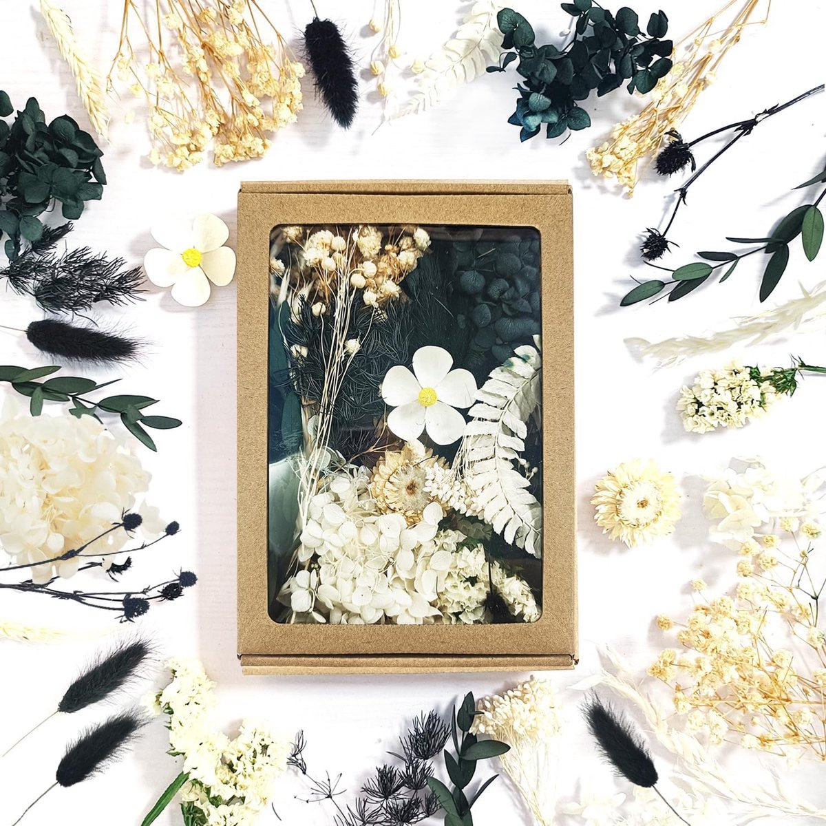 SnelShoppen - Natuurlijke Gedroogde Bloemen in Luxe Zwart-Witte Papieren Doos voor Feestelijke Decoratie, Bruiloften, Tuin en Huis - Dried Flowers, Pe