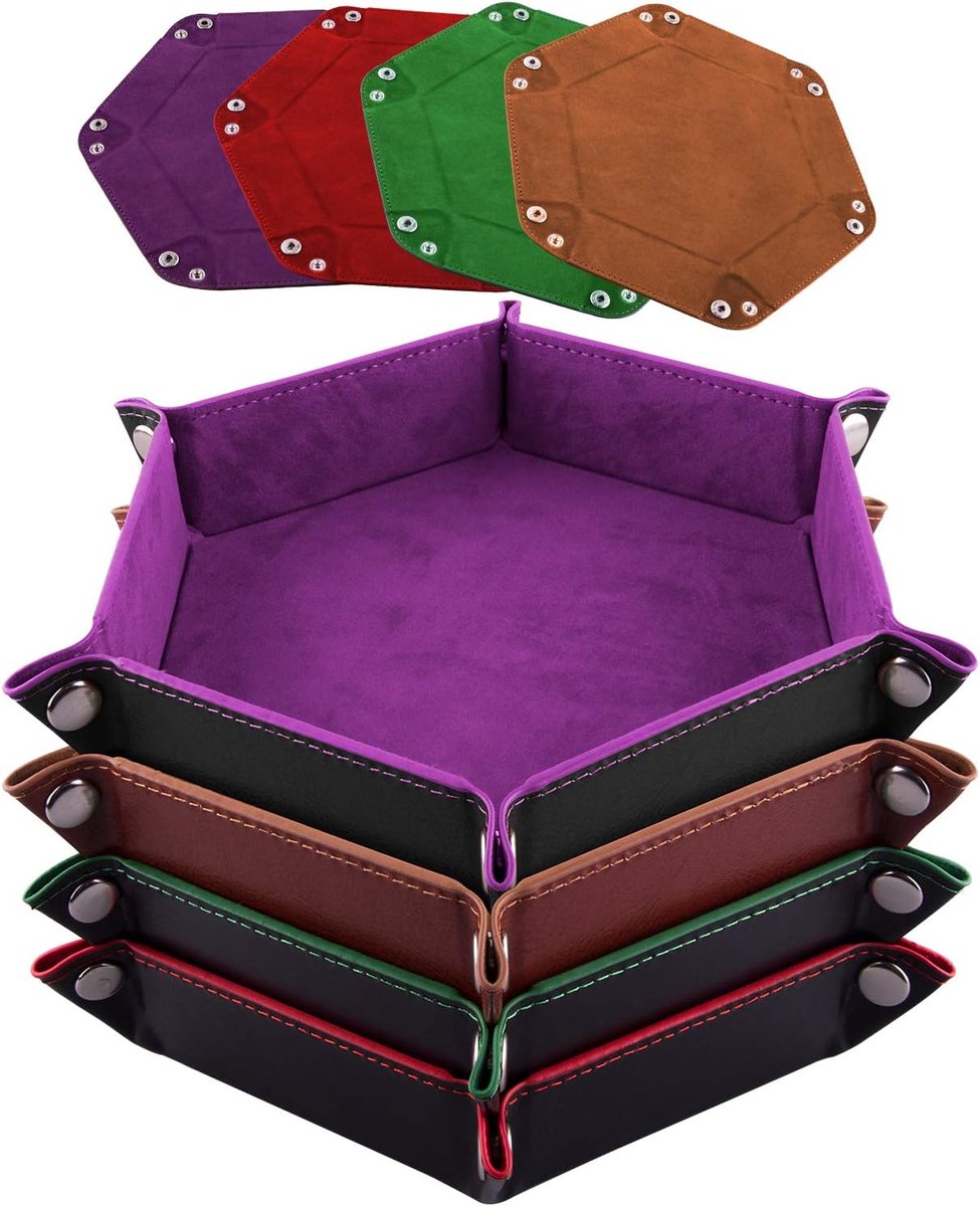 SnelShoppen - 4 Stuks Dobbelstenen Tray Hexagon Vouwbare PU Leer Velvet Dobbelstenen Tray voor Dungeons and Dragons RPG DND Spellen - 4 Kleuren