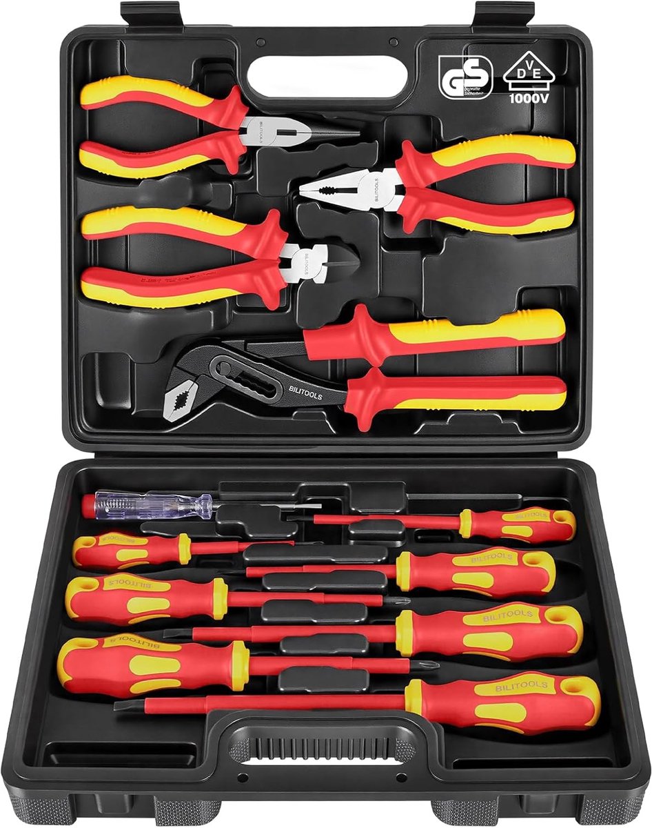 SnelShoppen - VDE Geïsoleerde Schroevendraaierset en Tangen Set 1000V voor Elektricien, Magnetische Phillips, Sleuf en Pozidriv Tips, 7-delig