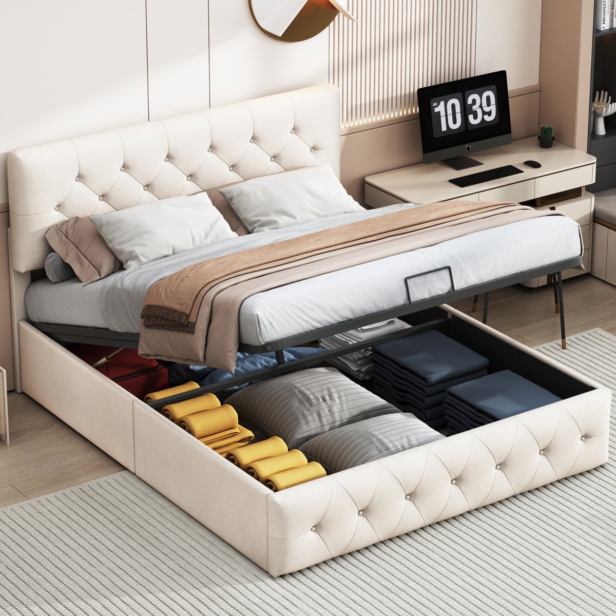 Opbergbed 160x200 Beige Velvet – Verstelbaar Hoofdbord