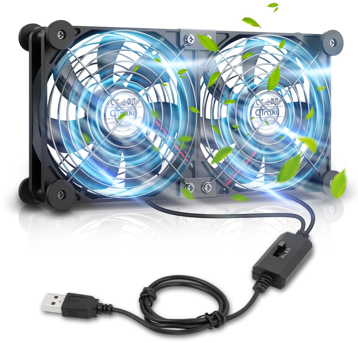 SnelShoppen - USB Ventilator 14x14x2.5 cm - 3 Snelheden - Dubbele USB Computerventilator voor PC, Laptops, Projectoren, Routers - Met 8 Schokabsorbere