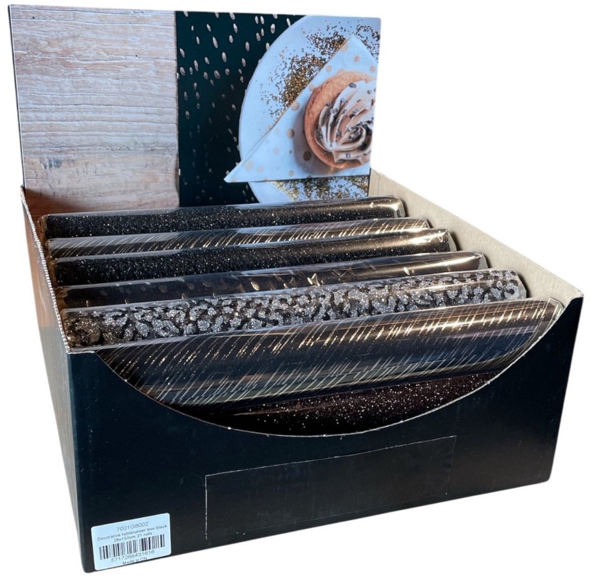 Decoratie tafelloper box zwart 28x150cm 21 rolls