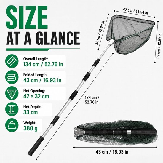 SnelShoppen - Telescopisch Visnet 130 cm - 4-delig Opvouwbaar Schepnet met Antislip Handgreep - Ondervangnet voor Vijver en Karpervissen - Licht en Ro — afbeelding 5