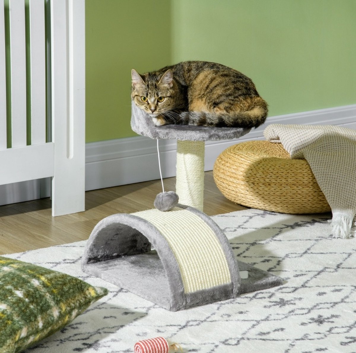 Krabpaal 46 cm met Huisje, Speelbal en Verhoogd Platform - Grijs Pluche en Sisal - Voor Katten tot 4 kg