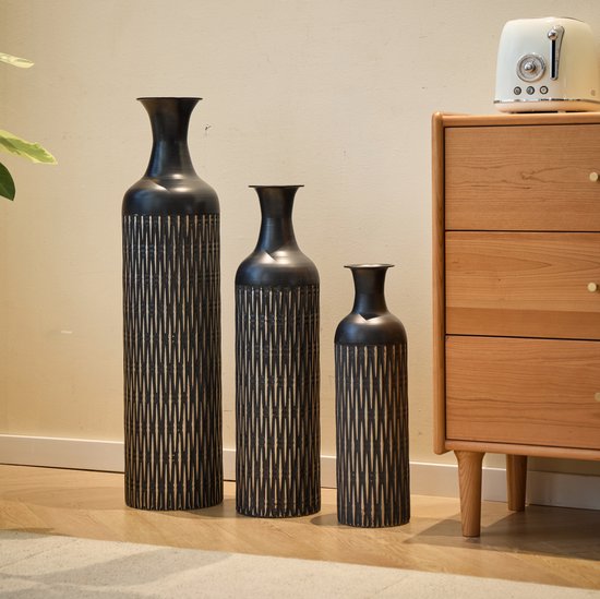 FloraGrace Vaas – 3-Delige Set 50 66 83 cm – Metaal – Zwart – Verticale Ribbelstructuur Voor Droogbloemen en Decoratief Gebruik