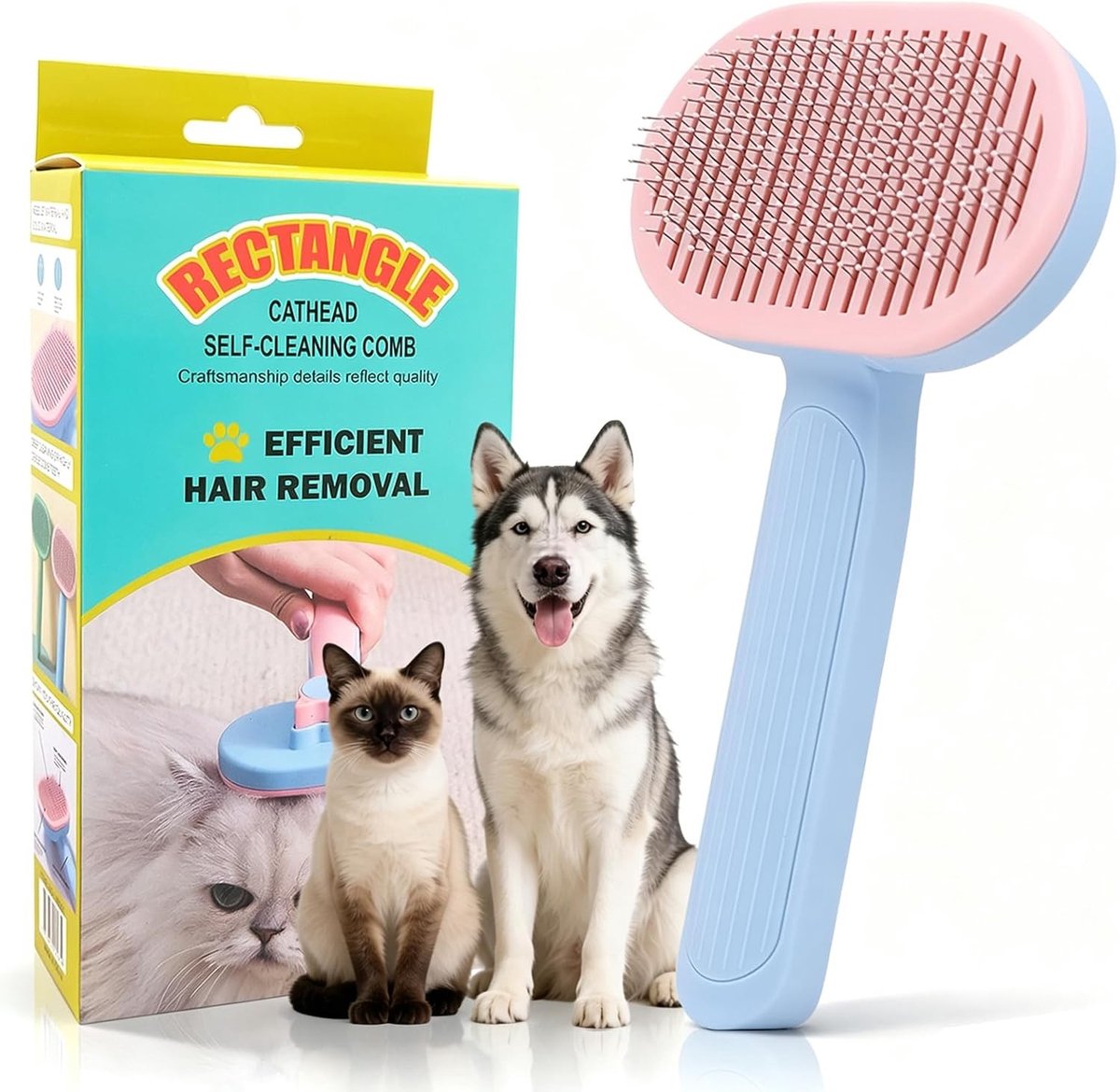 Zelfreinigende vachtborstel set voor honden en katten, ideaal voor ondervacht, knopen en klitten, geschikt voor kort en lang haar, roze-blauw