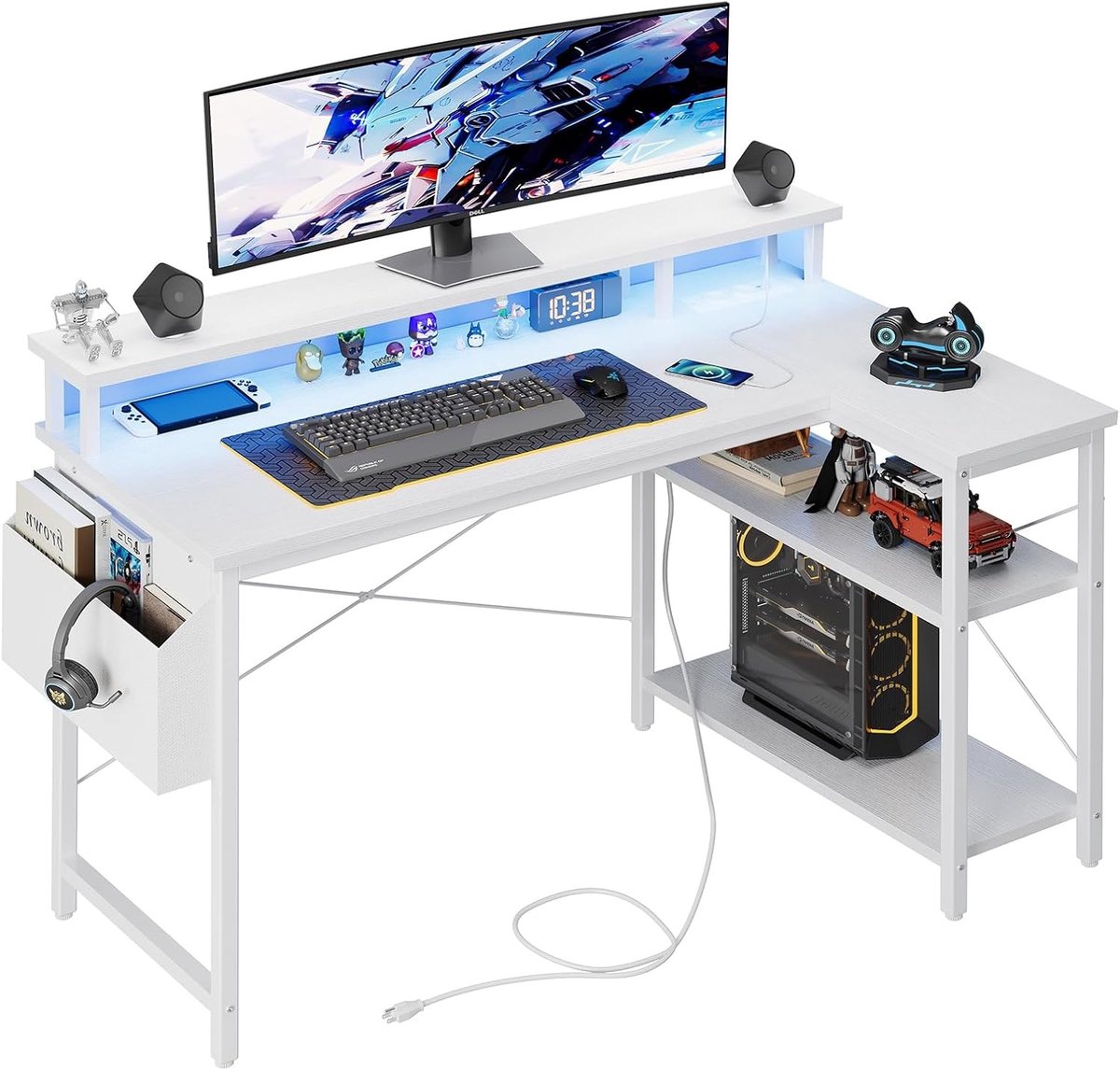 L-vormig bureau 100 x 70 cm met opbergrekken en stalen frame voor gaming, kantoor en thuisgebruik in wit