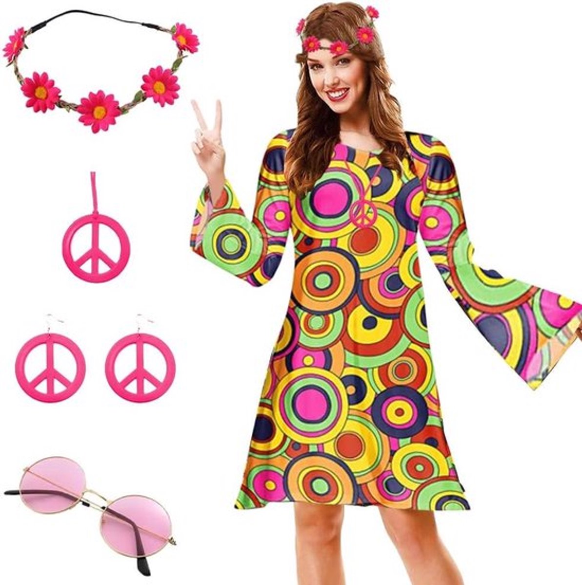 Retro feestkostuum jaren '60 en '70 hippiejurk voor dames en meisjes
