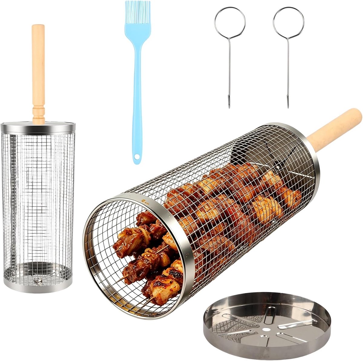 SnelShoppen - Grillmand 304 Roestvrij Staal Rond met Afneembare Houten Handgreep en Grillborstel - Perfect voor Groenten, Zeevruchten, Gasbarbecue, Ca