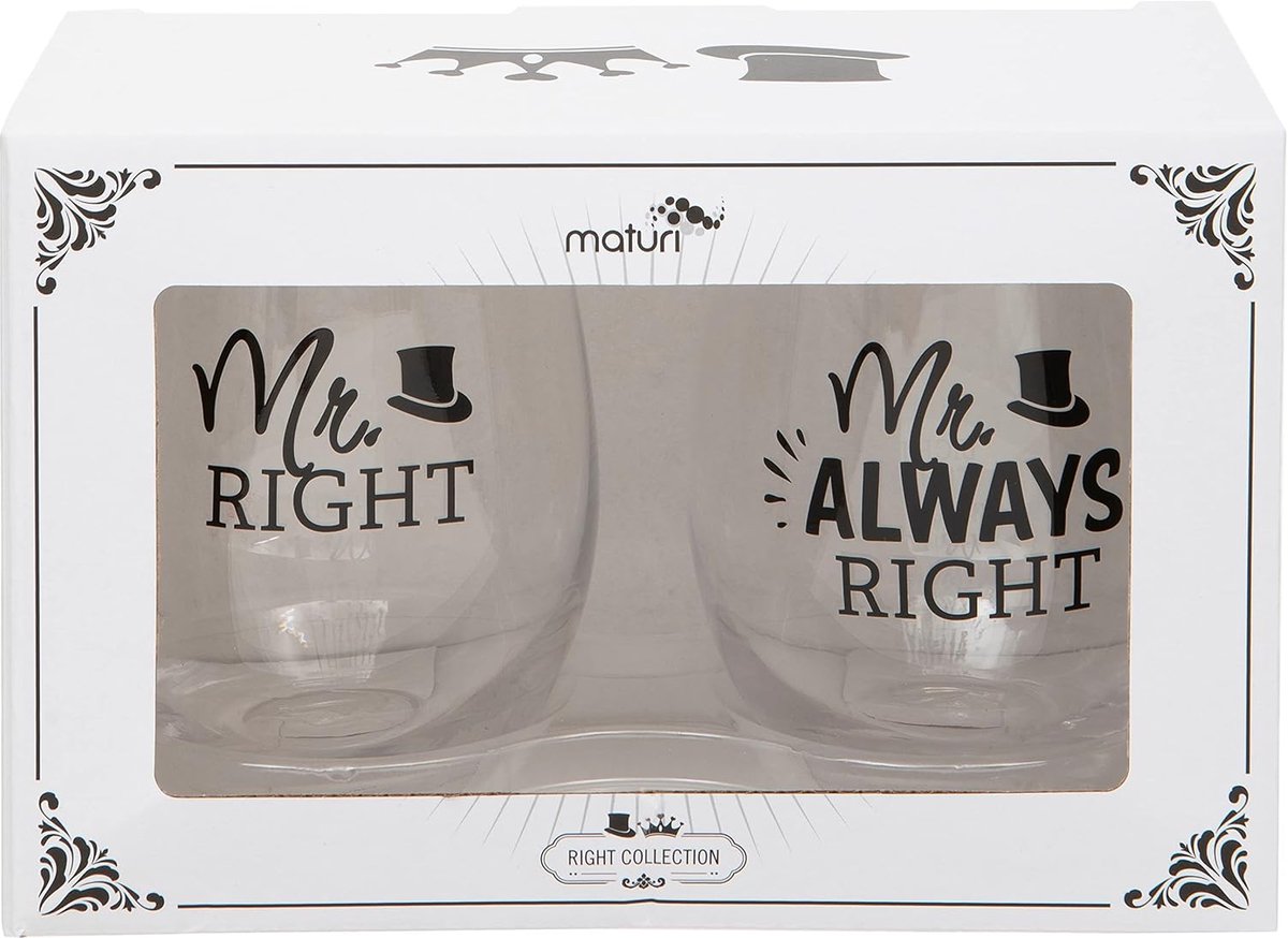 SnelShoppen - Set van 2 Stemless Wijnglazen Mr Right en Mrs Always Right - Hoogwaardige Glazen met Cadeauverpakking - Perfect voor Feestelijke Gelegen