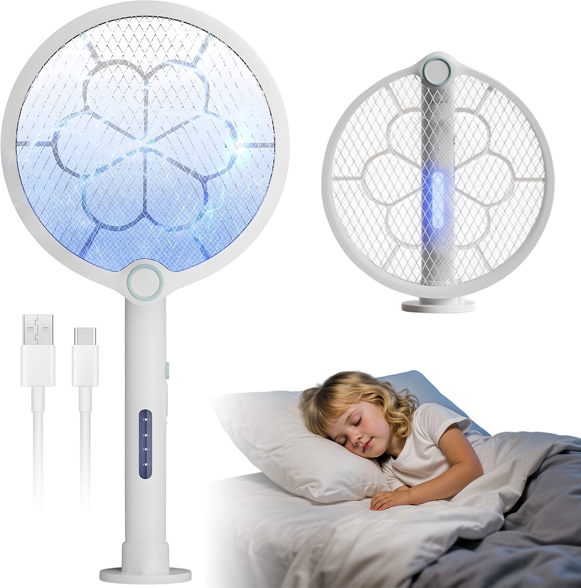 Elektrische Vliegenmepper - muggenmepper - 2-in-1 Elektrische Insectenvanger - 4000V Hoogspanning & 4 UV-Lampen - 1200mAh & Type-C Oplaadbaar - Handmatig & Automatisch 2 Modi - Voor Thuis & Binnen