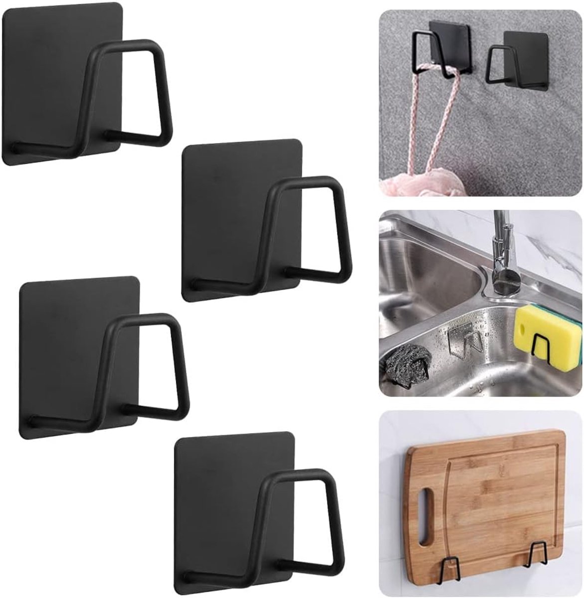 SnelShoppen - 4 Stuks Keuken Sponshouders - Zwarte Waterdichte Adhesieve Haak voor Keuken en Badkamer - RVS, Corrosiebestendig, Voor Sponzen en Keuken