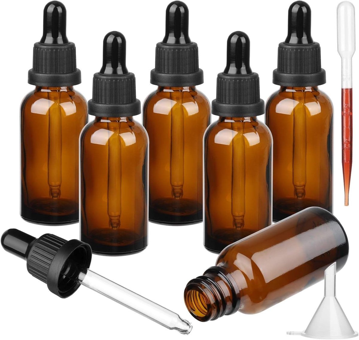 SnelShoppen - Amber Glazen Fles met Glazen Pipet - 6 x 20ml Vulpipetten voor Essentiële Olie Aromatherapie Mengsels | Refillbare Druppelflessen voor A