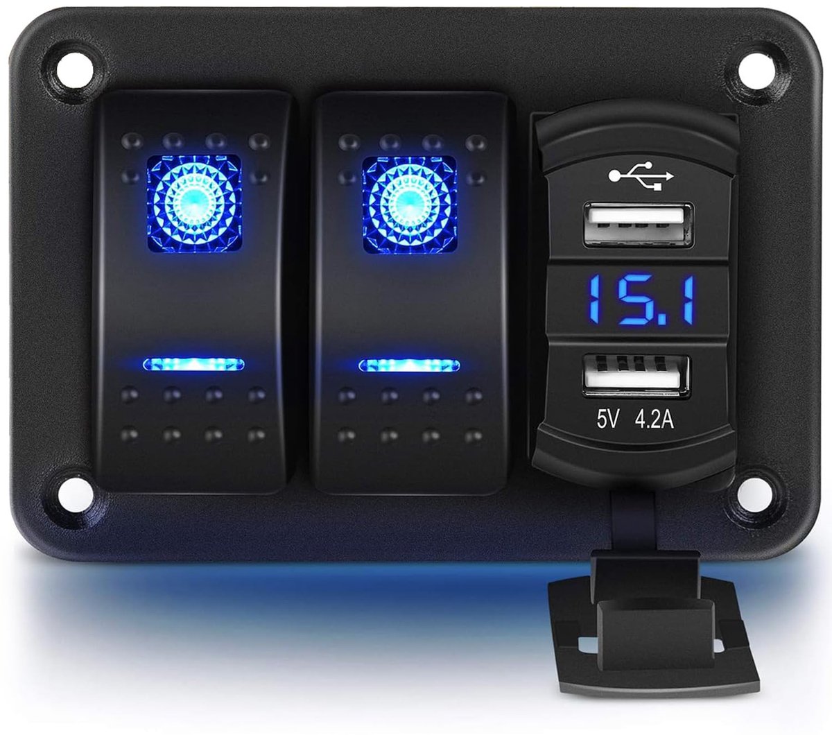 SnelShoppen - 2-Weg Aluminium Toggle Switch met Voltmeter en Dubbele USB (4.2A) Snellader, LED Achtergrondverlichting, IP65 Waterdicht voor Botens, Au