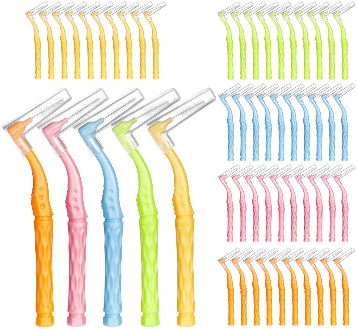 Dailygoods- Interdentale Borstels 50 Stuks - L-vormige Tandenborstels - Antislip Greep - Herbruikbaar - 5 Maten - Kunststof/Roestvrij Staal - Tussenruimteborstels