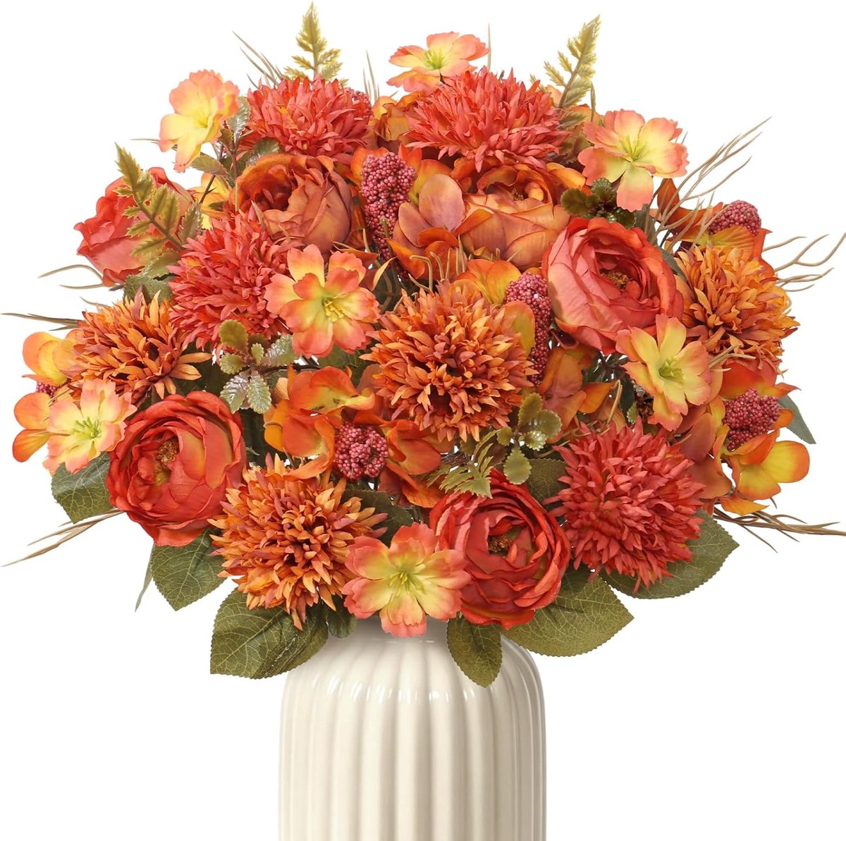 SnelShoppen - 4 Stuks Oranje Kunstbloemen Herfst Boeket 32Cm Real Touch Nep Pioen Rozen, Hortensia en Chrysant - Faux Bloemen voor Thuisdecoratie, Bru