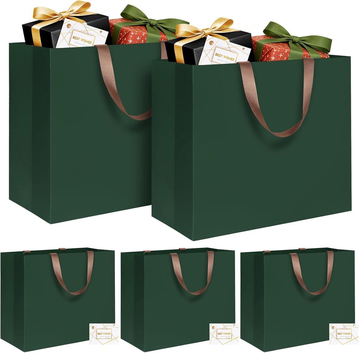 SnelShoppen - 5 Stuks XL Luxe Cadeautassen Groen 43x13x32cm met Wenskaarten - Extra Grote Papieren Tassen voor Verjaardag, Kerst, Valentijn, Sinterkla