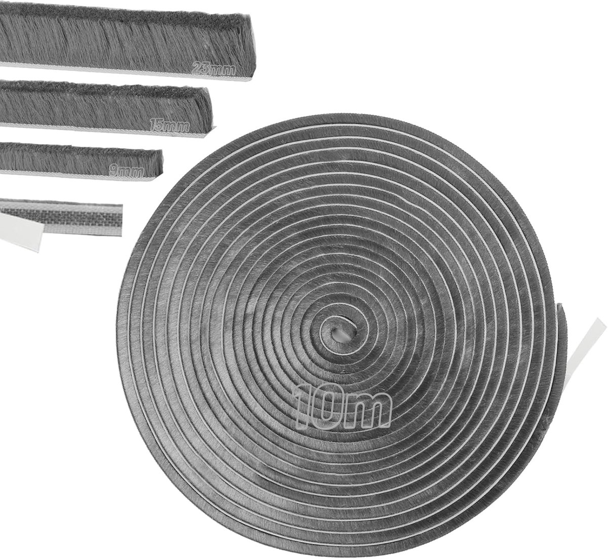 SnelShoppen - 10 m zelfklevende borstelstrip 9 mm x 9 mm - Deurbescherming, Insectenbestrijding, Geluidsisolatie, Grijs, Voor Deuren, Ramen, Rolluiken