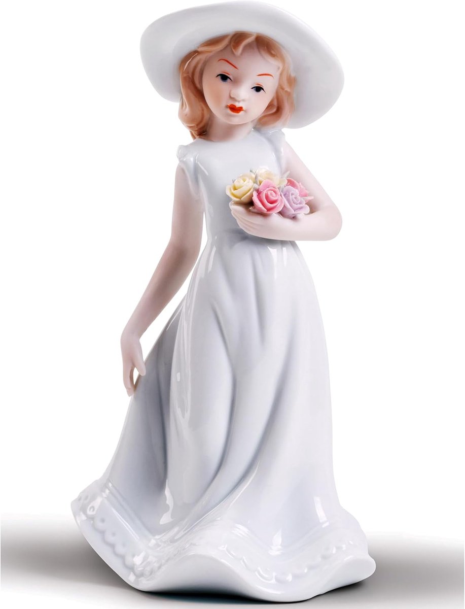 SnelShoppen - Porseleinen beeldje 'Thinking of You' - Schattige meisje met bloemen - Perfect als trouwcadeau, herinneringsdecoratie voor thuis - Duurz