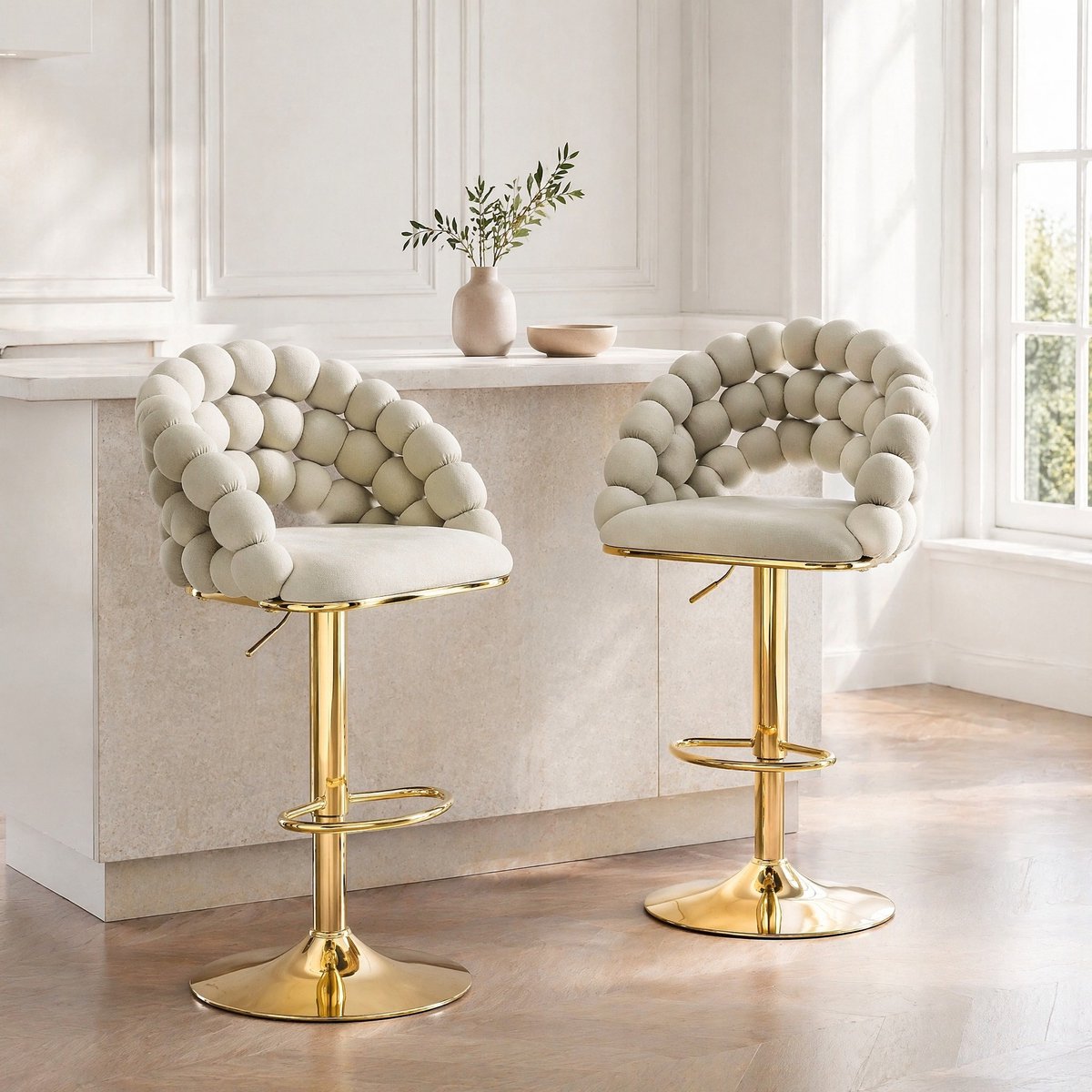 COVREO Barkruk set van 2 45x52x65-112 cm - Grijs Velvet - Met Rugleuning en Voetsteun - 360° Draaibaar - Goudkleurig Metalen Frame