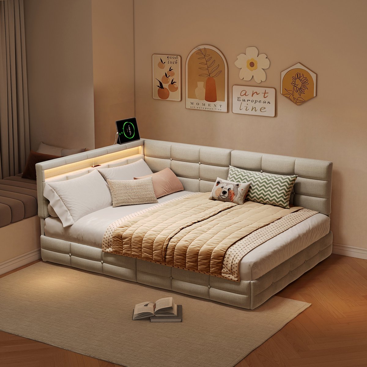 Gestoffeerd bed 140x190 cm met LED en USB, eenpersoonsbed met opbergruimte en lattenbodem,2 laden,slaapbank met rugleuning voor jongerenbed, linnen Beige, zonder matras