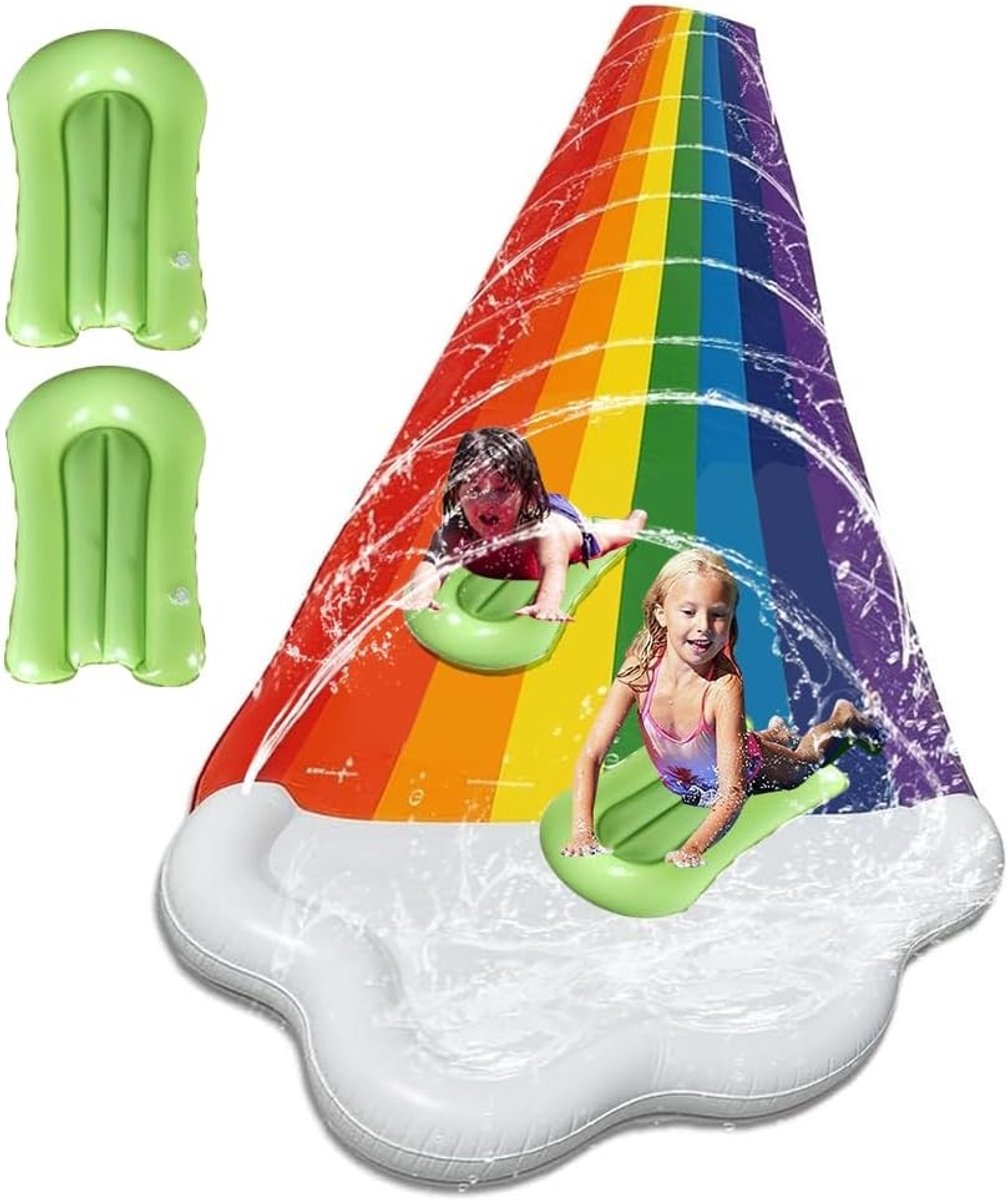Dubbele Waterglijbaan voor Kinderen, 480 x 140 cm, Inclusief Bodyboards en Ingebouwd Sprinklersysteem voor Buitenplezier en Verkoeling in de Zomer