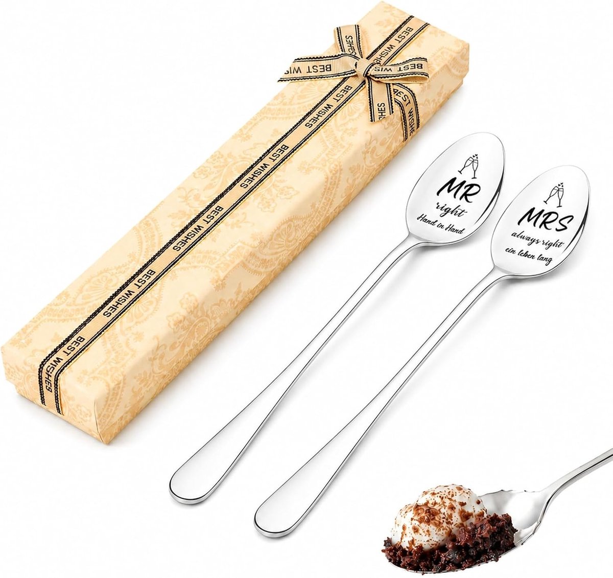 Roestvrijstalen koffielepels met opschrift - 19,5 cm, gepolijst, vaatwasmachinebestendig, multifunctionele dessertlepels in geschenkdoos, perfect cadeau voor koppels en koffieliefhebbers
