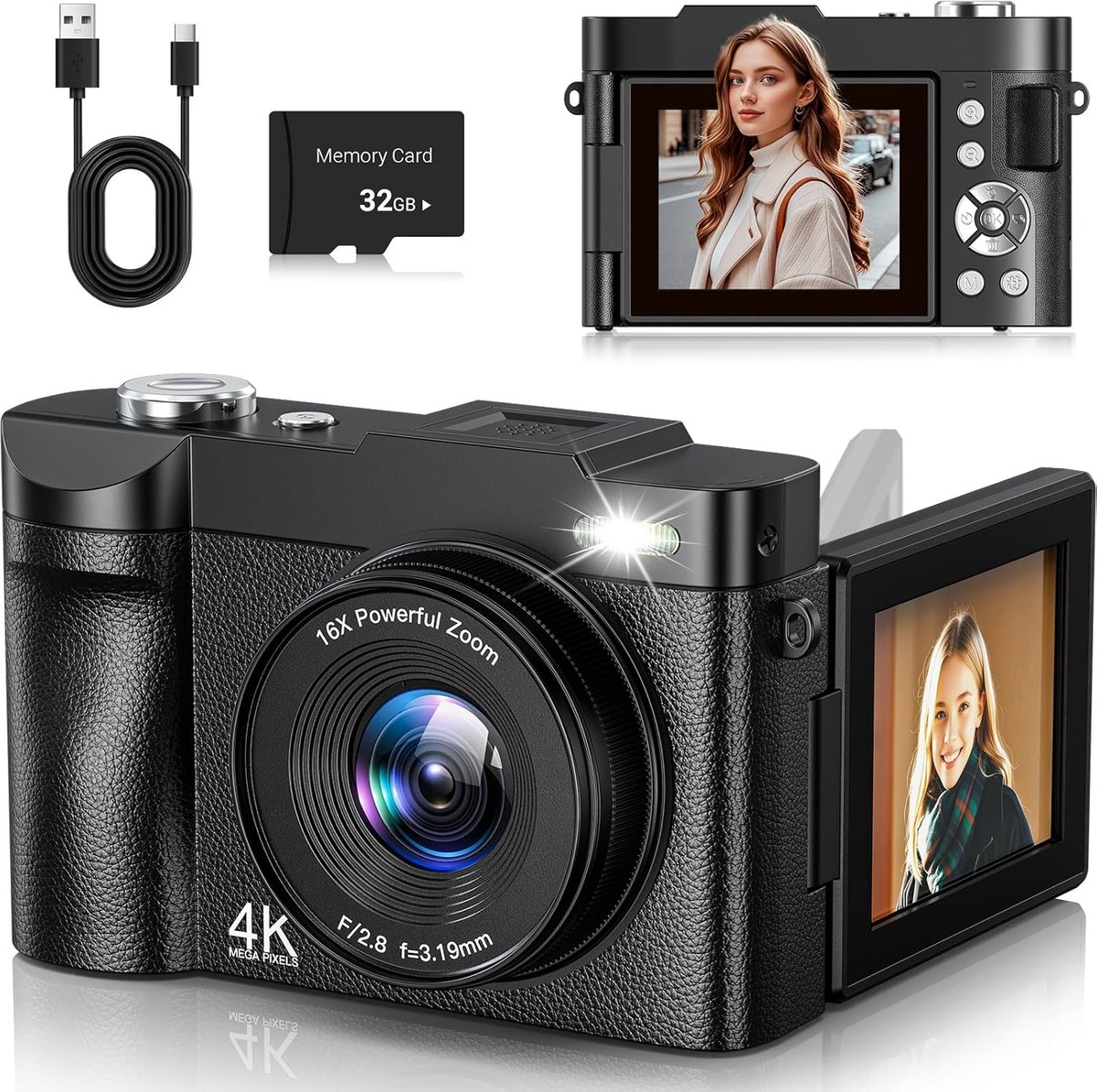 4K Compacte digitale camera 50 MP met zoom 16 x Vlogging-camera met 32 G-kaart voor tieners, beginners, volwassenen