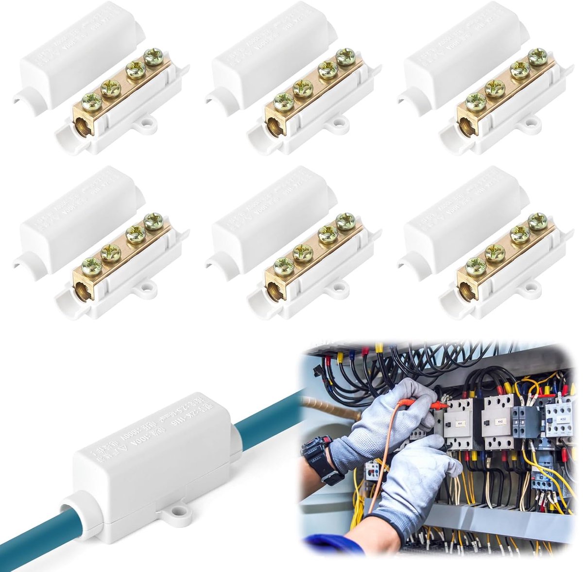 6 stuks kabelverbinders, klemlijst, kabelconnector voor 2,5 tot 16 mm² draad, messing geleiders, draadklemmenblok, ABS-behuizing, elektrisch klemblok (1000 V, 100 A)