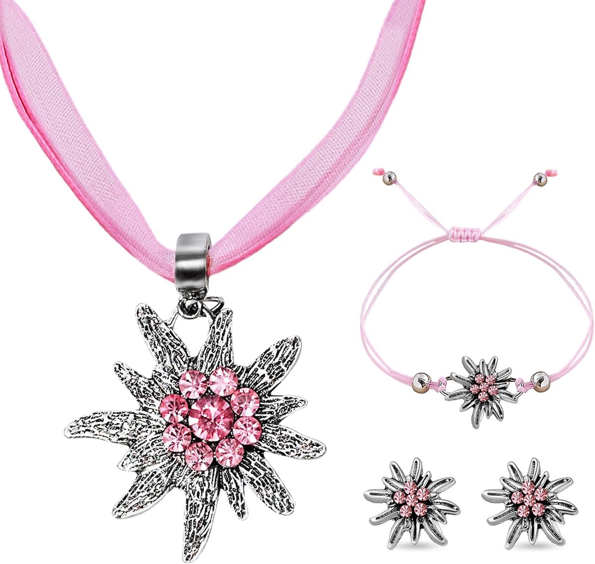 3-delige sieradenset van Edelweiss, modesieraden voor Beierse dirndl, met halsketting van edelweiss strassteentjes, oorbellen van edelwit en edelweisarmband, voor traditioneel bierfeest