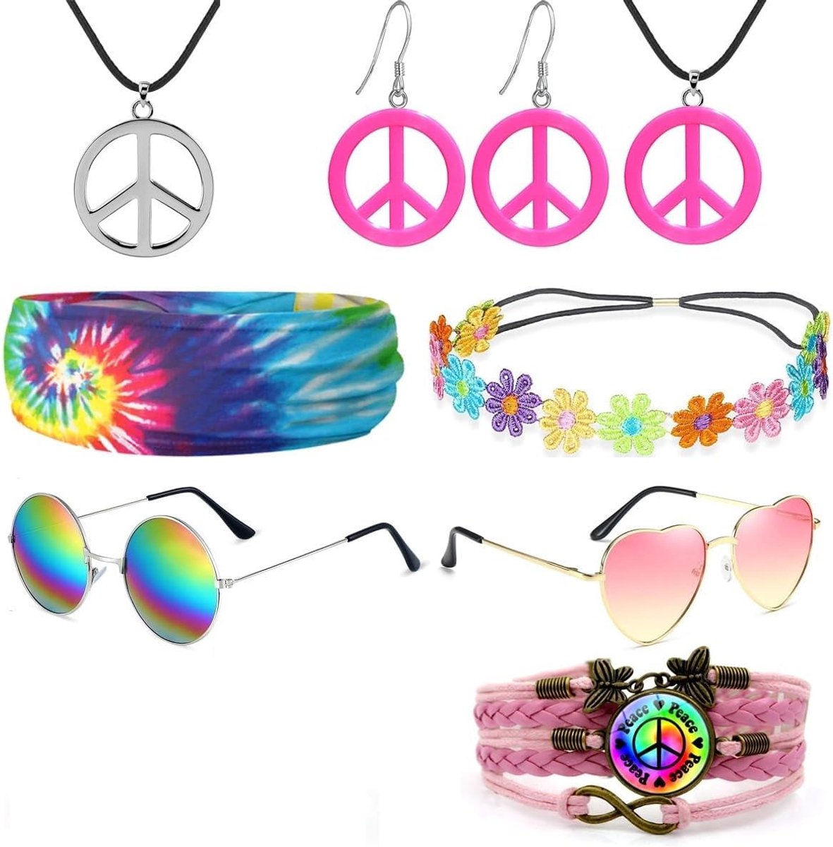 iZoeL Hippie Halloweenkostuum voor heren, pruik, zonnebril
