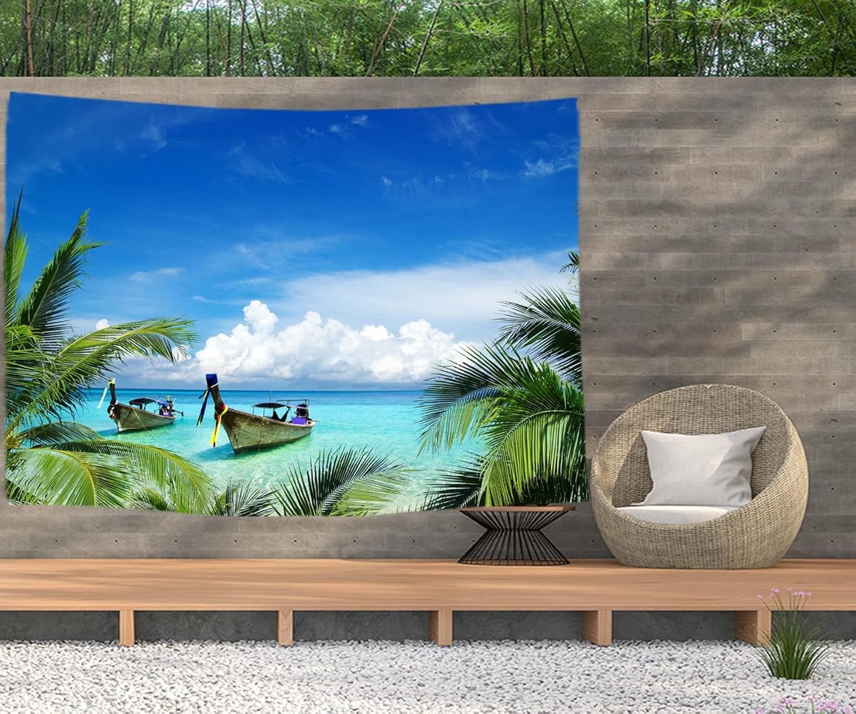 Wandtapijt, strand, zee, boot, palm, natuur, wandtapijt poster: 200 x