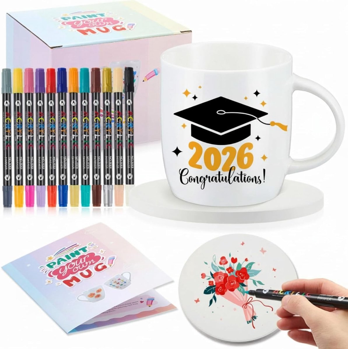 Creatieve DIY Set met Witte Keramische Mok en 12 Kleurpotloden voor Volwassenen, Perfect als Cadeau voor Kunstliefhebbers