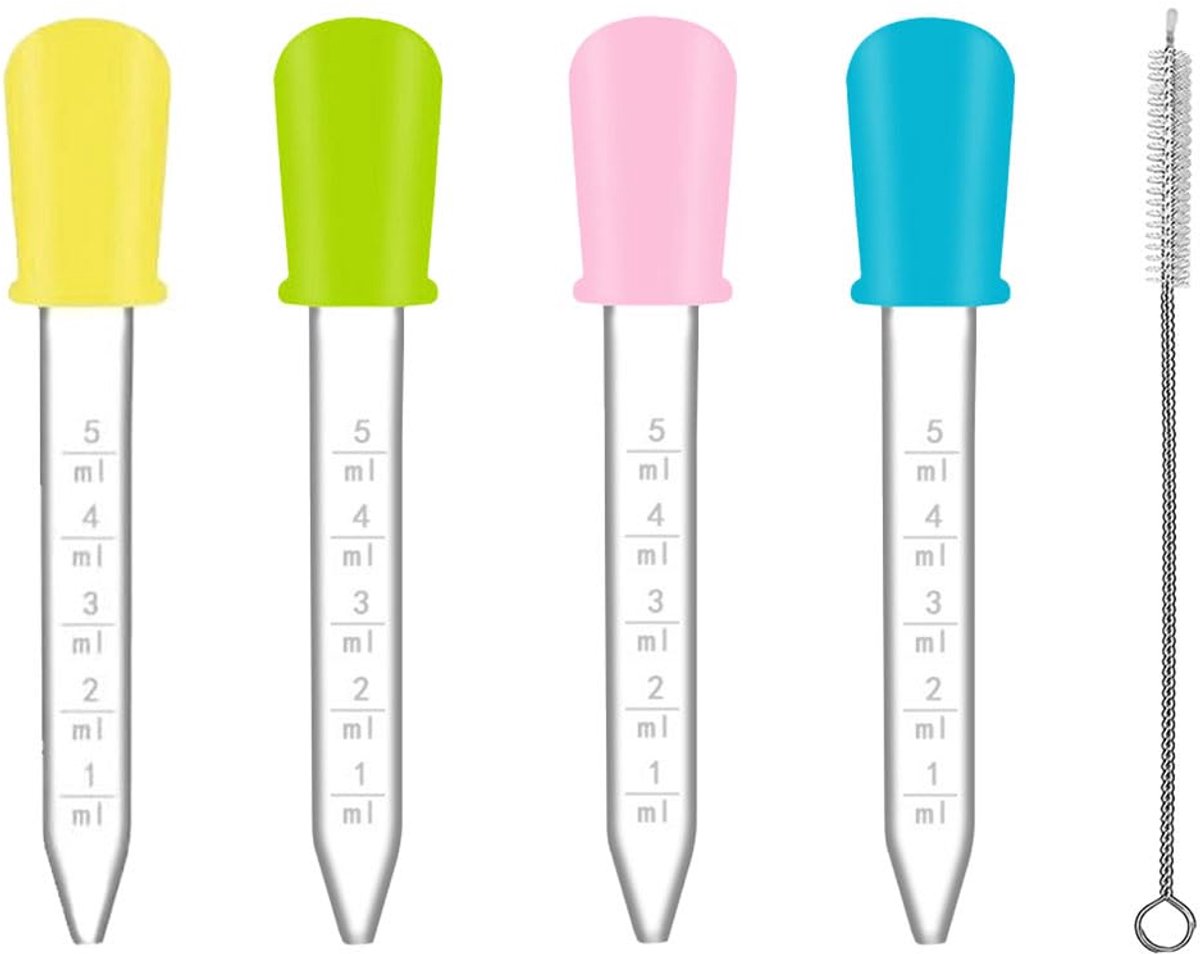 4 stuks van 5 ml, siliconen kunststof pipetten en 1 stuk