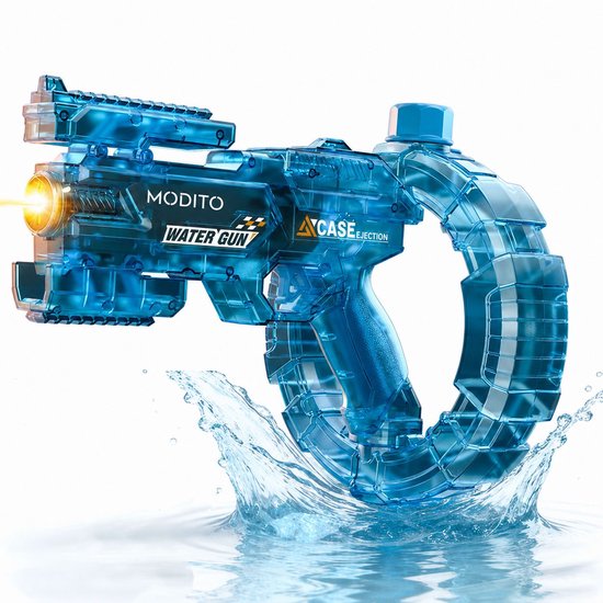 Pistolet à eau électrique bleu transparent 'MODITO WATER GUN' avec canon, viseur et réservoir d'eau rond. Eau éclaboussant sous le pistolet.