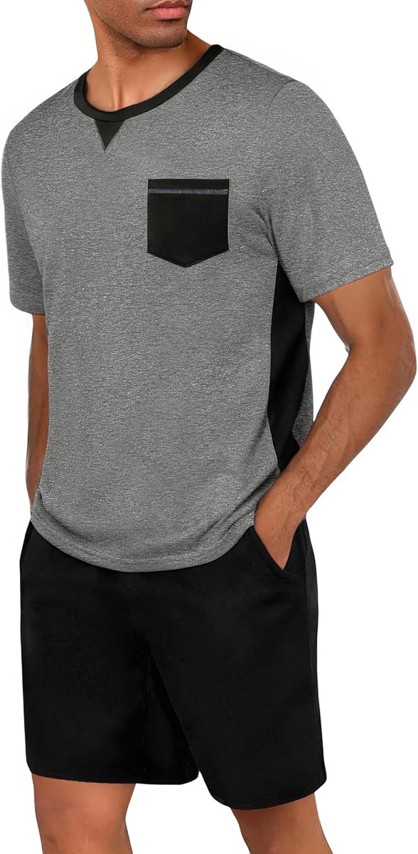 Pyjama voor heren, korte mouwen, katoen, zomer, pyjamaset, V-hals, shorts