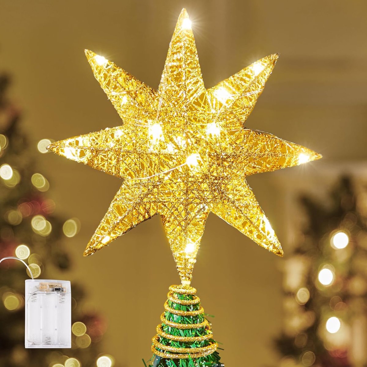 Kerstboomversiering, 8 punten, goudglitter, kerstboomversiering met