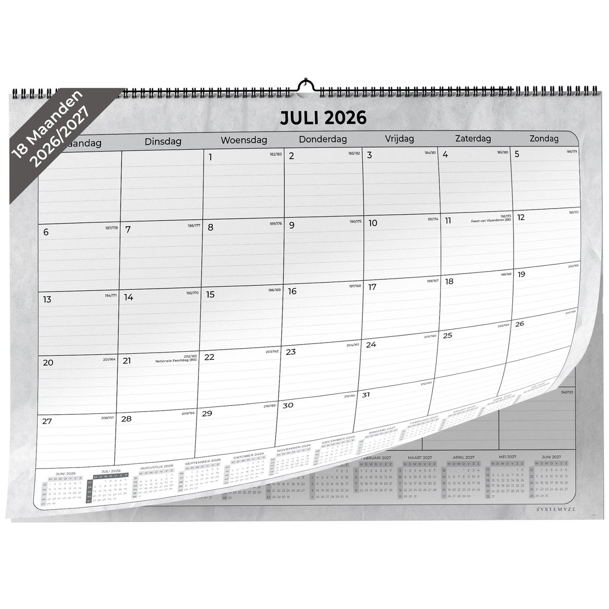 Systemyze Maandkalender Ophangbaar 2026/2027 - 18 Maanden - Wandkalender - Maandplanner - Familieplanner - Weeknummers - Feestdagen - Ophangbaar - juli 2026 t/m december 2027
