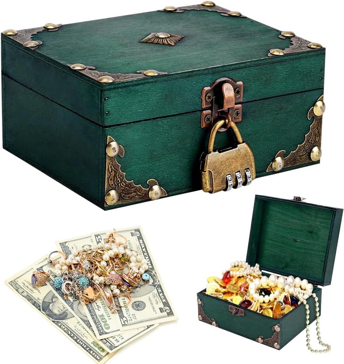 SnelShoppen - Vintage Houten Schatkist met Slot - Kleine Opbergdoos voor Sieraden - Perfect voor Kinderfeestjes en Piraten Thema - Hout, Decoratief en