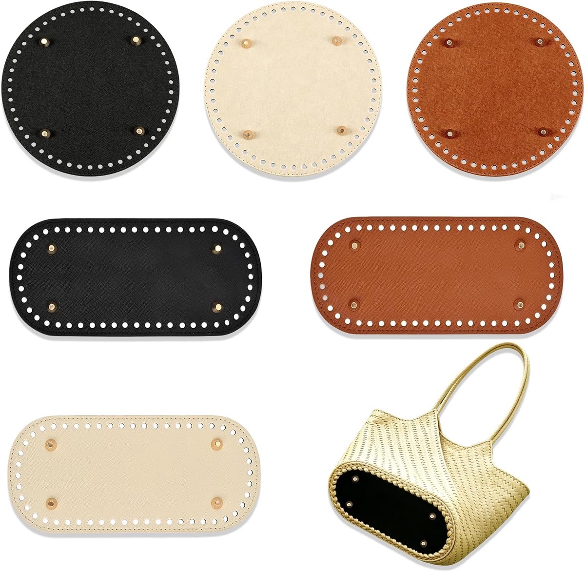 6 Stuks Zakbodem om te Haken, Ronde Ovale Zakbodem voor Haken, Bodem voor Tassen PU met Voorgeboorde Gaten Tasbodem om te Hakens vor DIY Tassen Handtassen Schoudertassen Accessoires