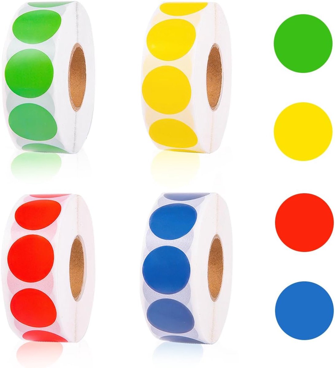 Kleurige zelfklevende stippen 13mm - 4000 stuks in 4 rollen - duurzaam papier - ideaal voor kantoor en knutselen - SnelShoppen