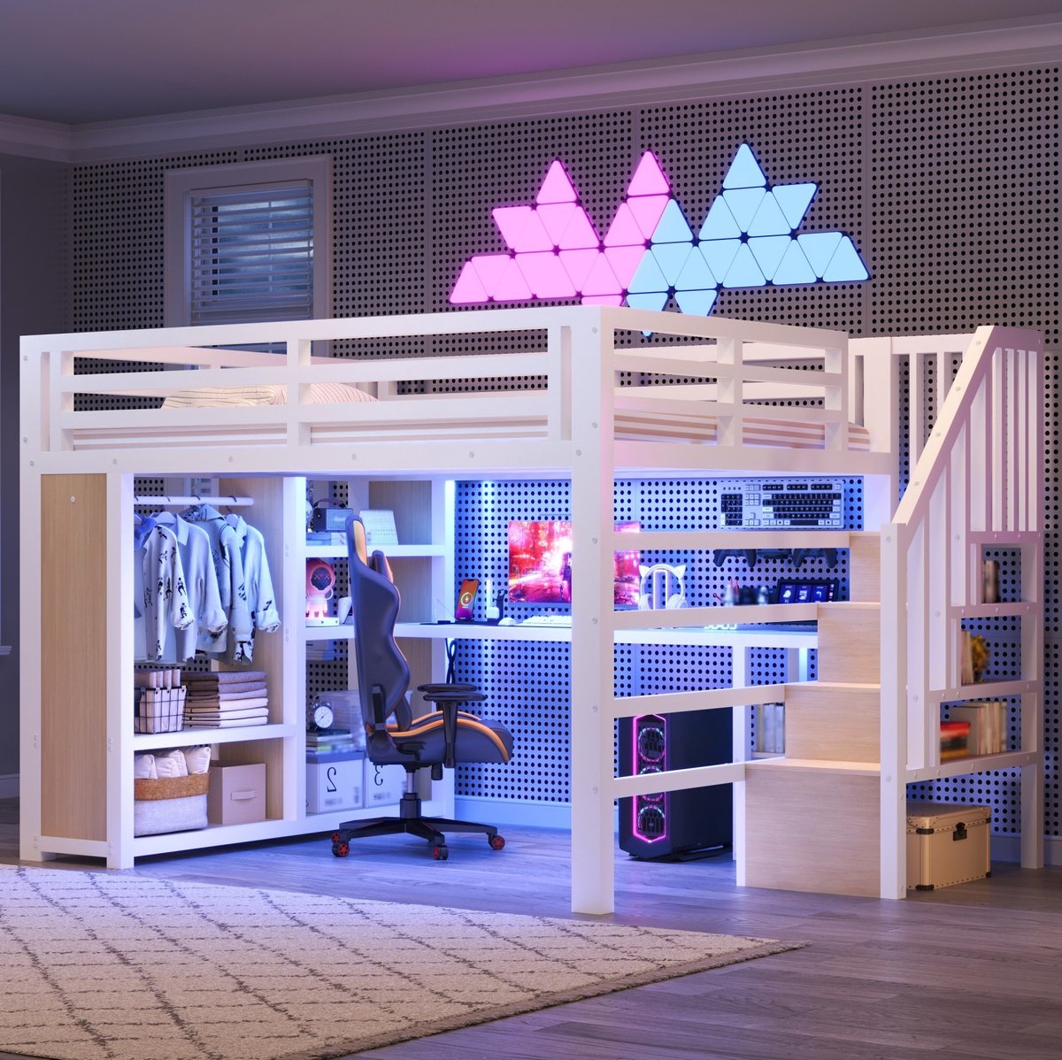 MIVRAY Hoogslaper 140x200cm - Bed Met Bureau En Kledingkast - Met Ledverlichting En Usb - Voor Slapen En Werken - Metaal - Wit Zonder Matras