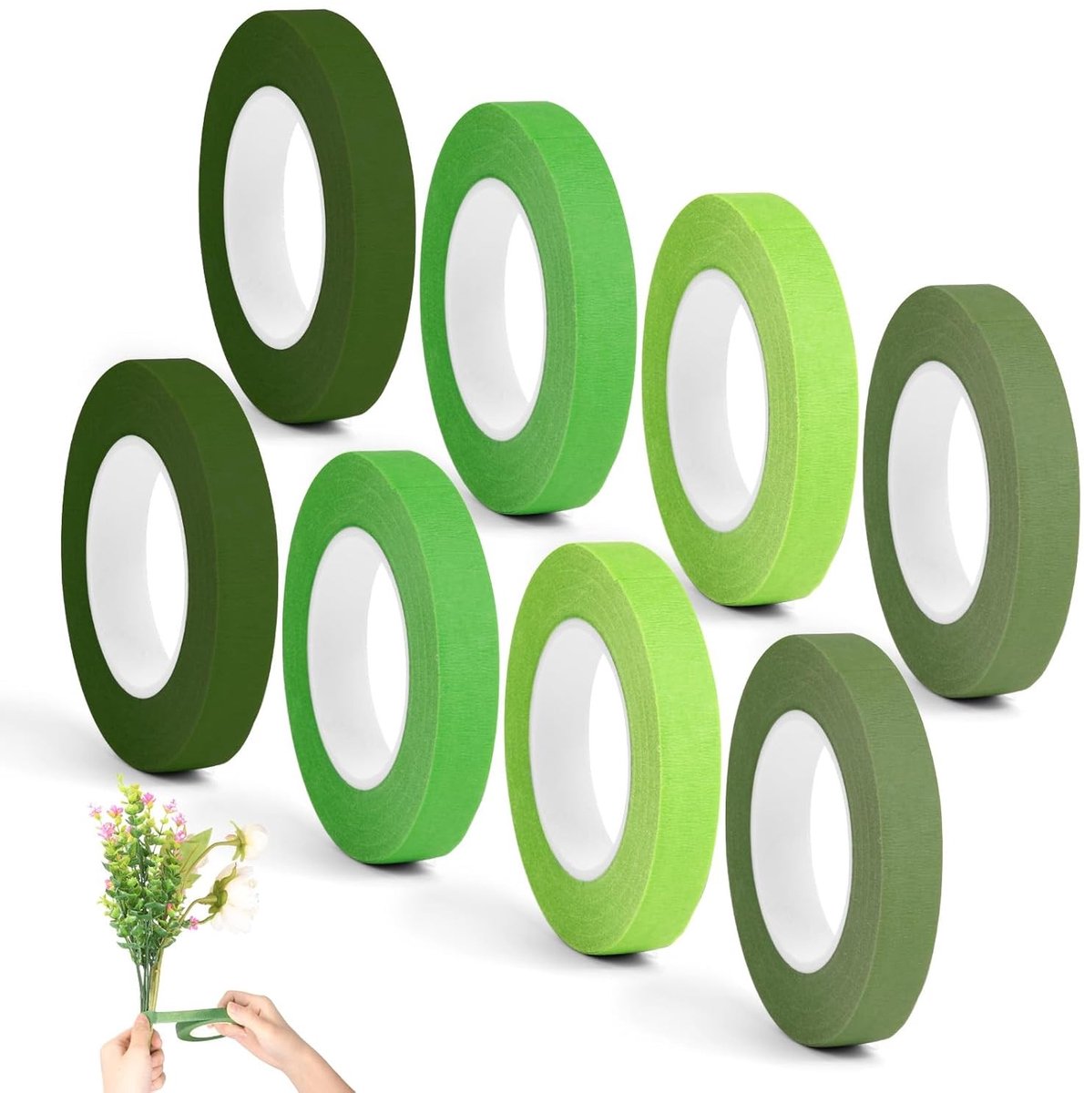 8 Rollen Groene Bloemist Tape, 1.2cm x 27m Zelfklevende Tape voor Bloemarrangementen, DIY Bloemen, Decoratie voor Boeketten en Stelen