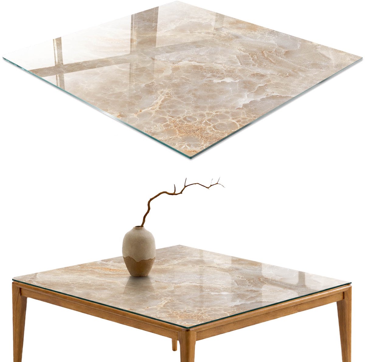 ArtPrintCave Marmertextuur Glazen Tafelblad 60x60 cm - Tafelblad Rechthoek - Beige Keukentafel - Texturen Terrastafel
