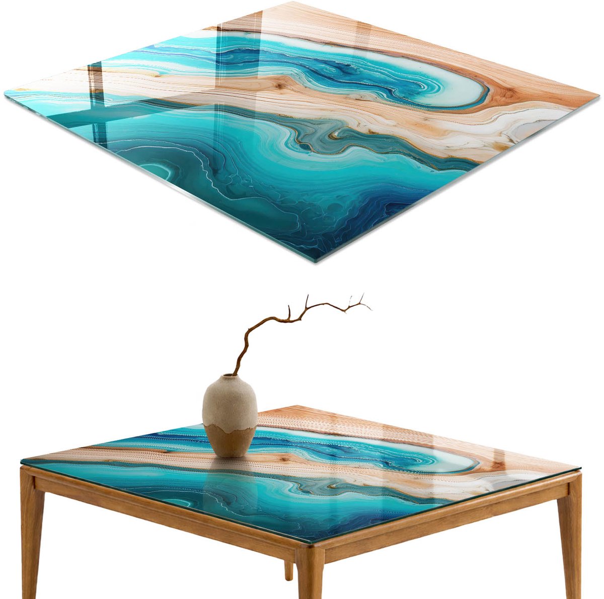 ArtPrintCave Golvende abstractie Glazen Tafelblad - 50x50 cm - Tafelblad Vierkanten - Turkoois Keukentafel - Abstractie Glasplaat